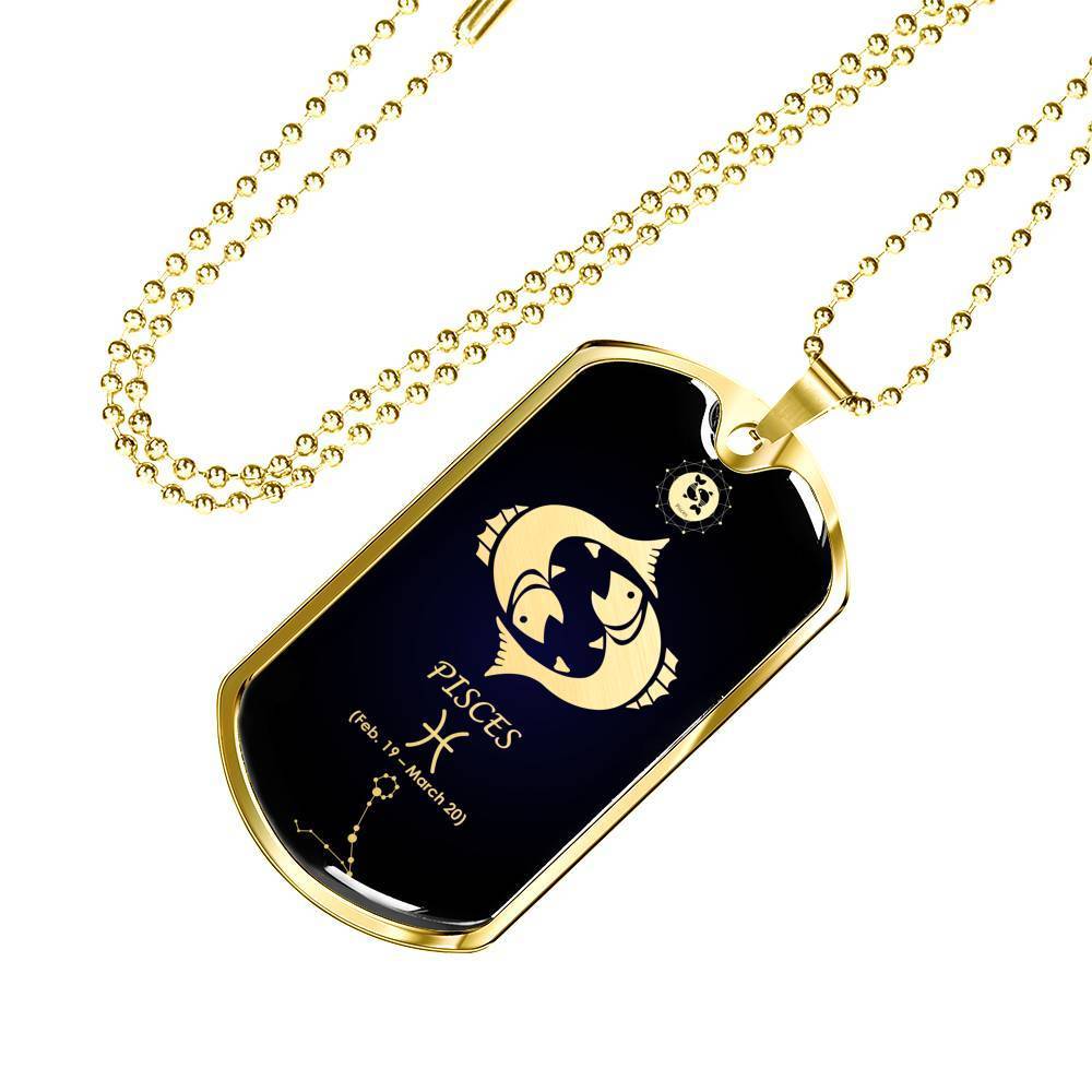 Pisces Constellation Horoscope Zodiac Necklace 18k Gold Stainless Steel Dog Tag 24"-Express Your Love Gifts