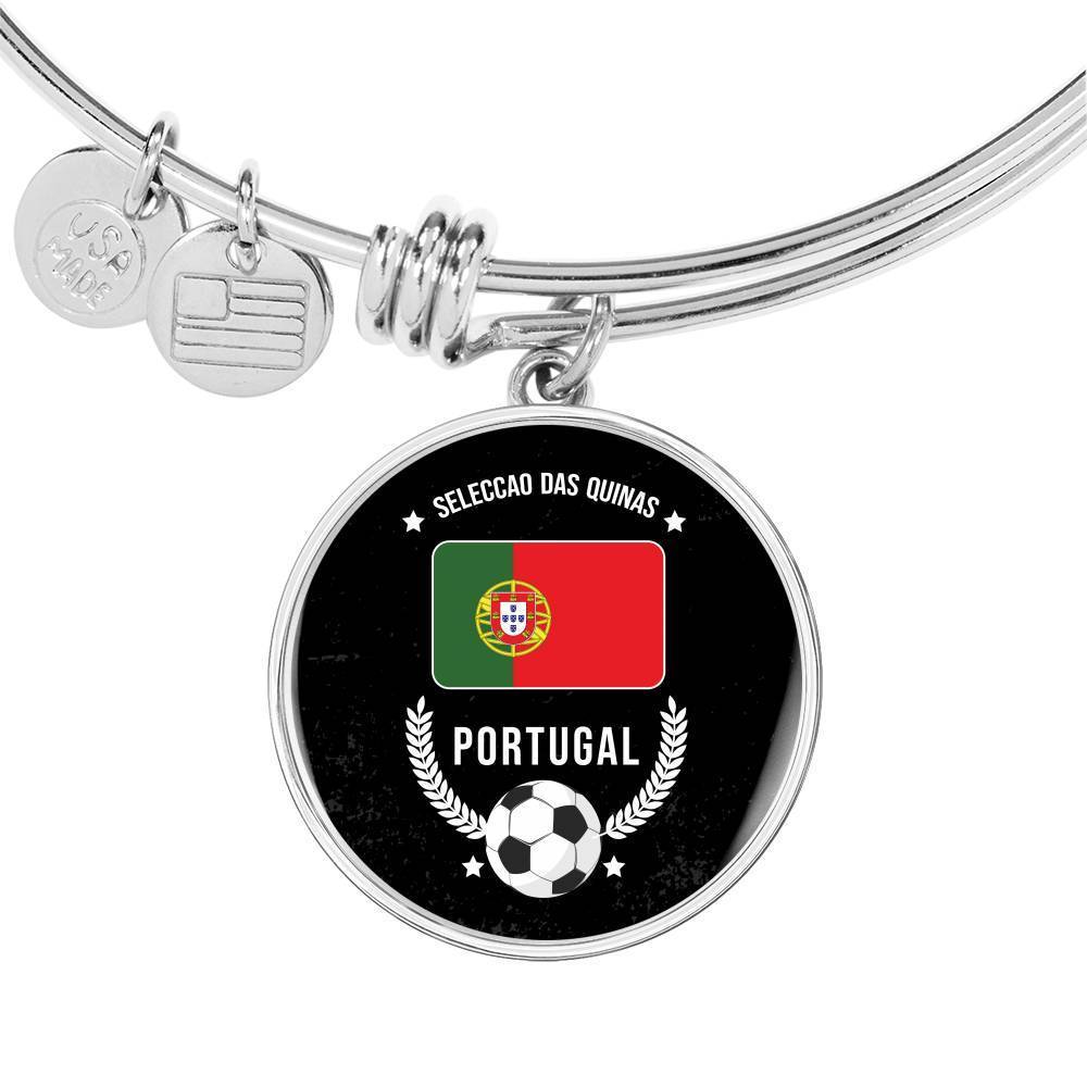 Portugal Flag & Futbol/Soccer Stainless Steel or 18k Gold Circle Bangle Bracelet - Express Your Love Gifts