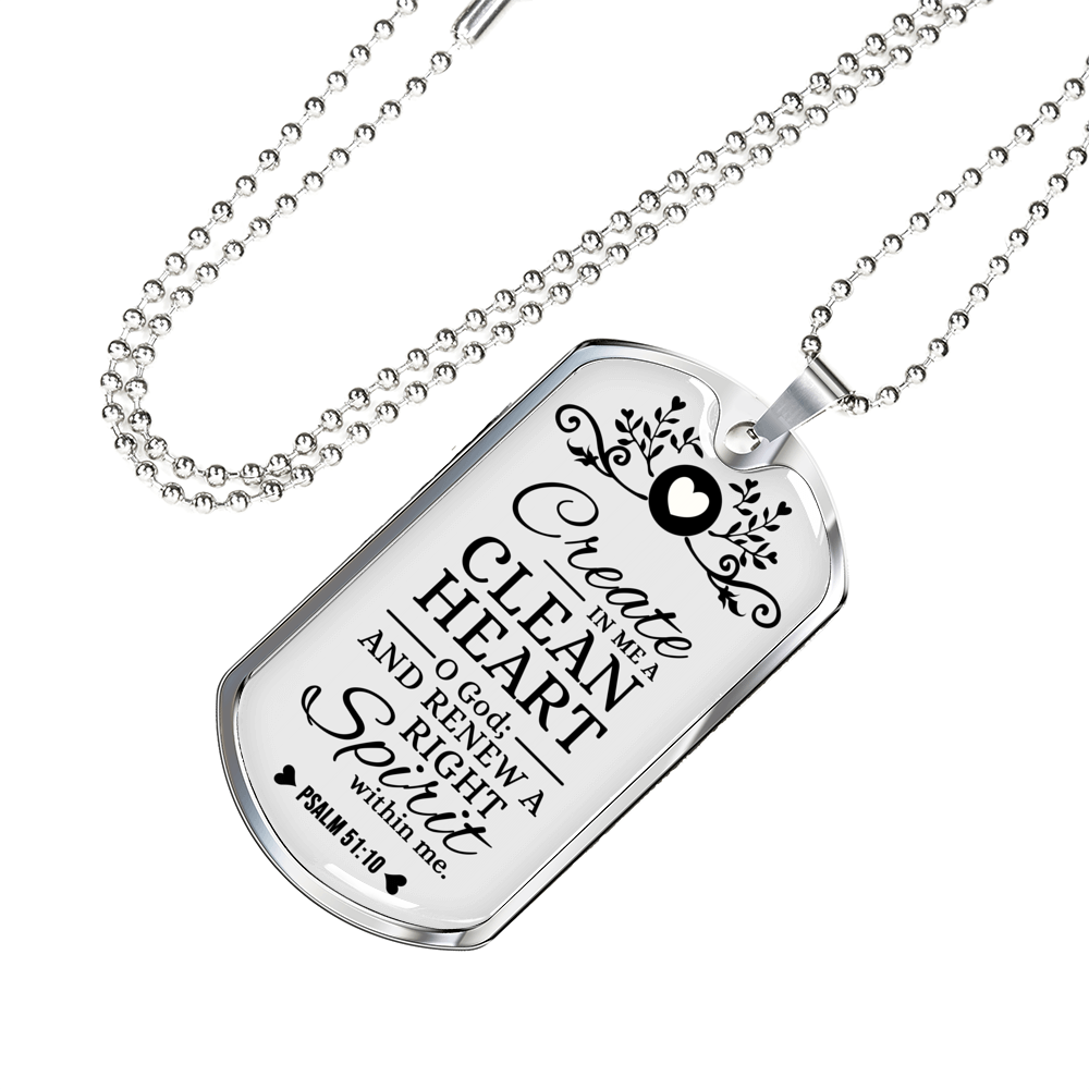 Pure Heart And Renewed Spirit Christian Faith Necklace Stainless Steel or 18k Gold Dog Tag 24" Chain-Express Your Love Gifts