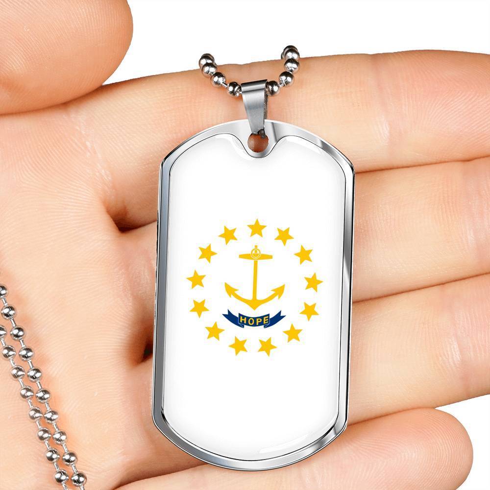 Rhode Island Flag Pendant Stainless Steel or 18k Gold Dog Tag Necklace 24" Chain - Express Your Love Gifts