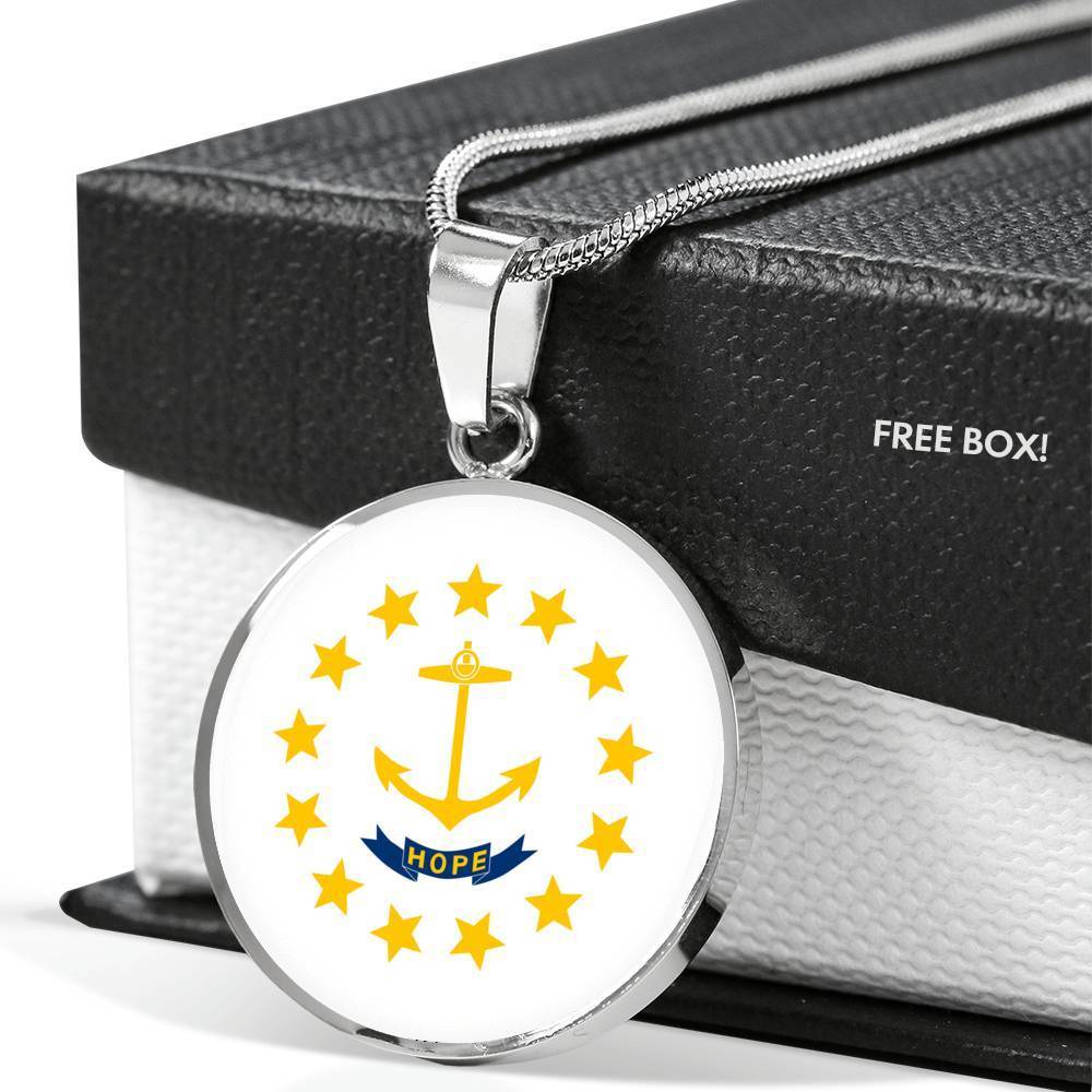 Rhode Island State Flag Necklace Stainless Steel or 18k Gold Circle Pendant 18-22" - Express Your Love Gifts
