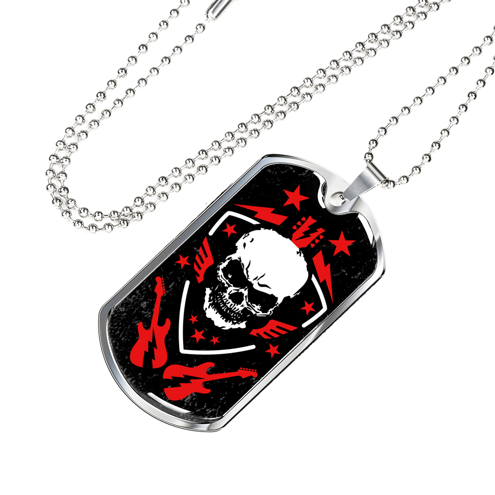 Rock N Roll Skull Guitars Music Necklace Stainless Steel or 18k Gold Dog Tag 24" Chain-Express Your Love Gifts