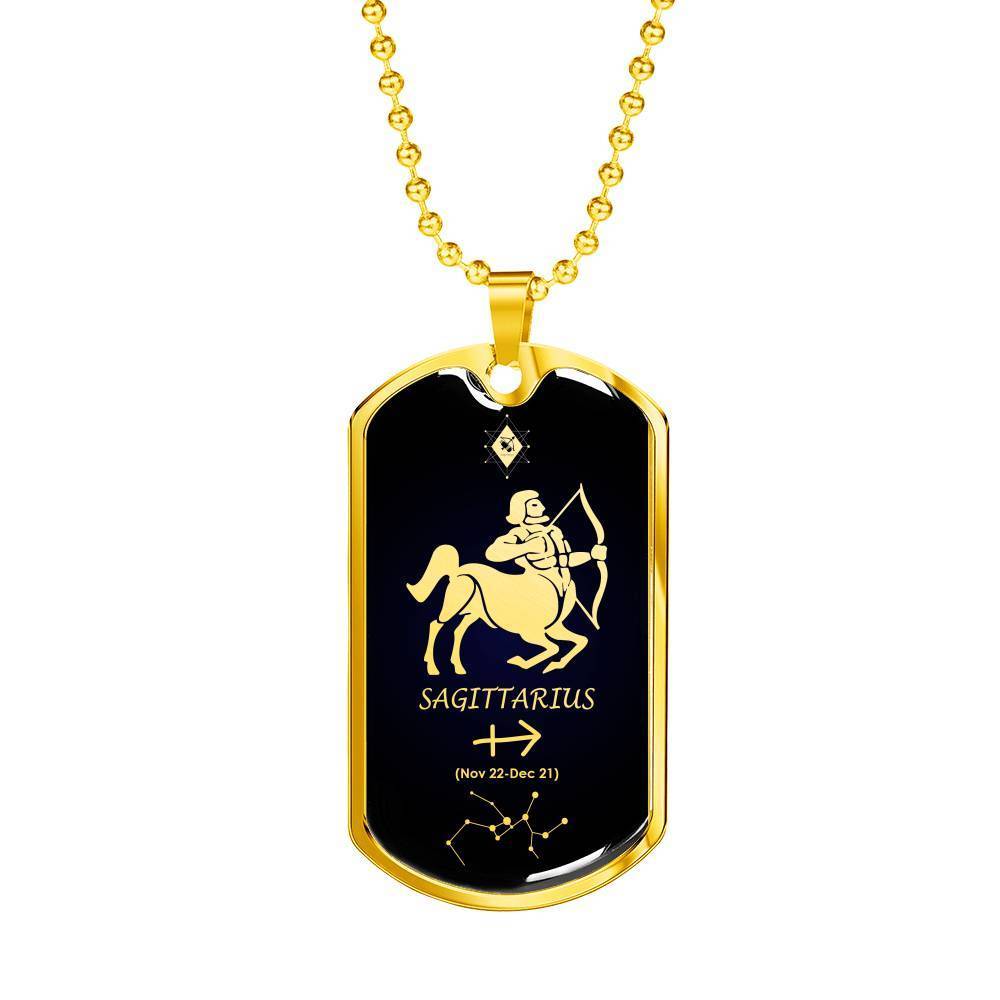 Sagittarius Zodiac Necklace 18k Gold Stainless Steel Dog Tag 24"-Express Your Love Gifts