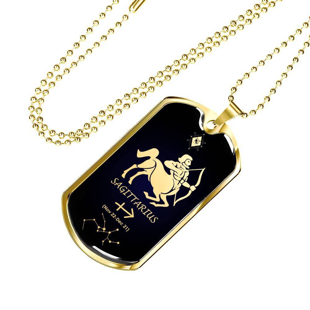Sagittarius Zodiac Necklace 18k Gold Stainless Steel Dog Tag 24"-Express Your Love Gifts