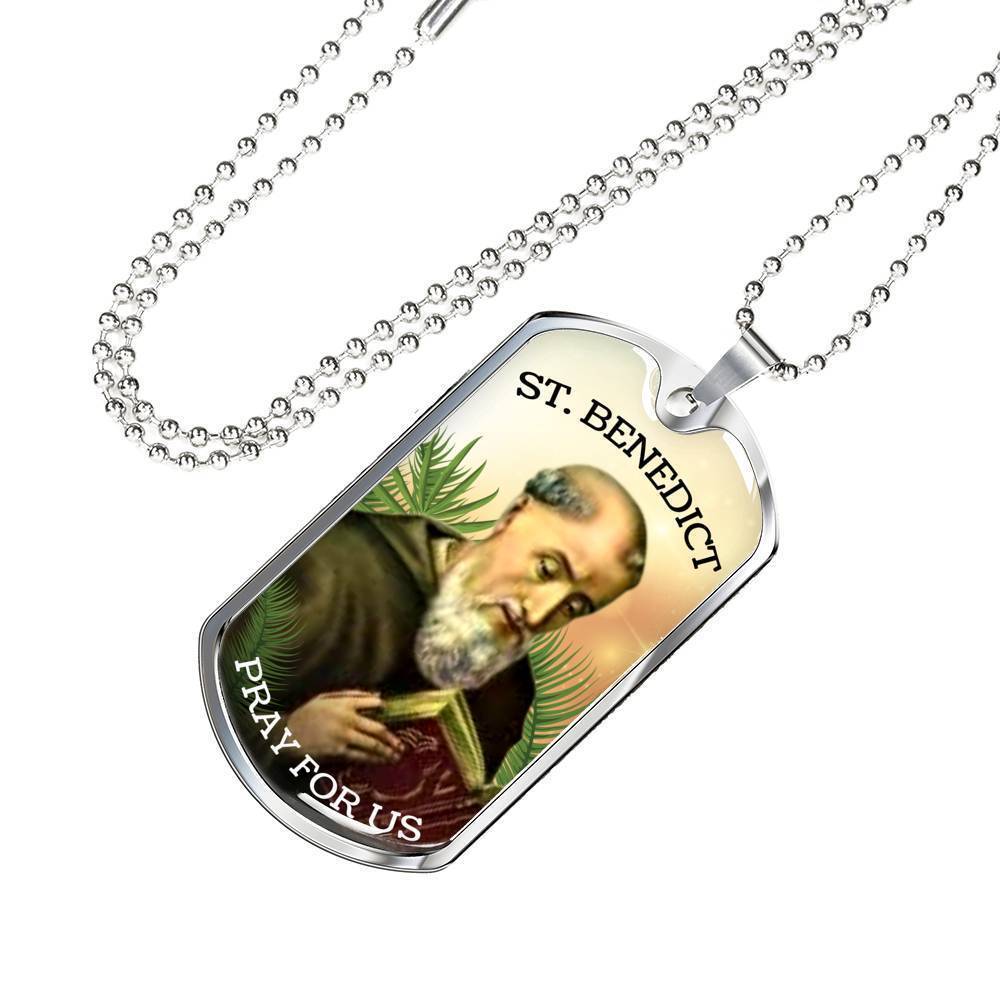 Saint Benedict Catholic Necklace Stainless Steel or 18k Gold Dog Tag 24" Chain-Express Your Love Gifts