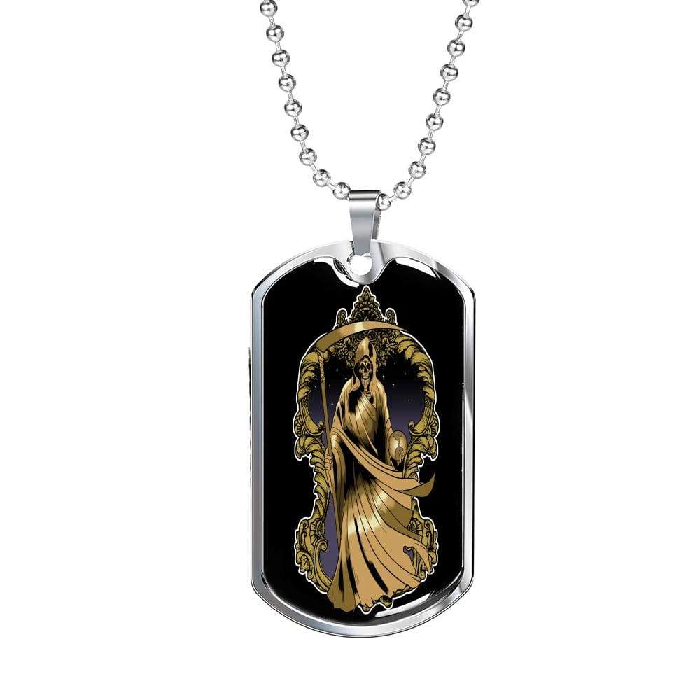 Santa Muerte Necklace St Death Gold Robe Dog Tag Stainless Steel or 18k Gold 24" Chain - Express Your Love Gifts