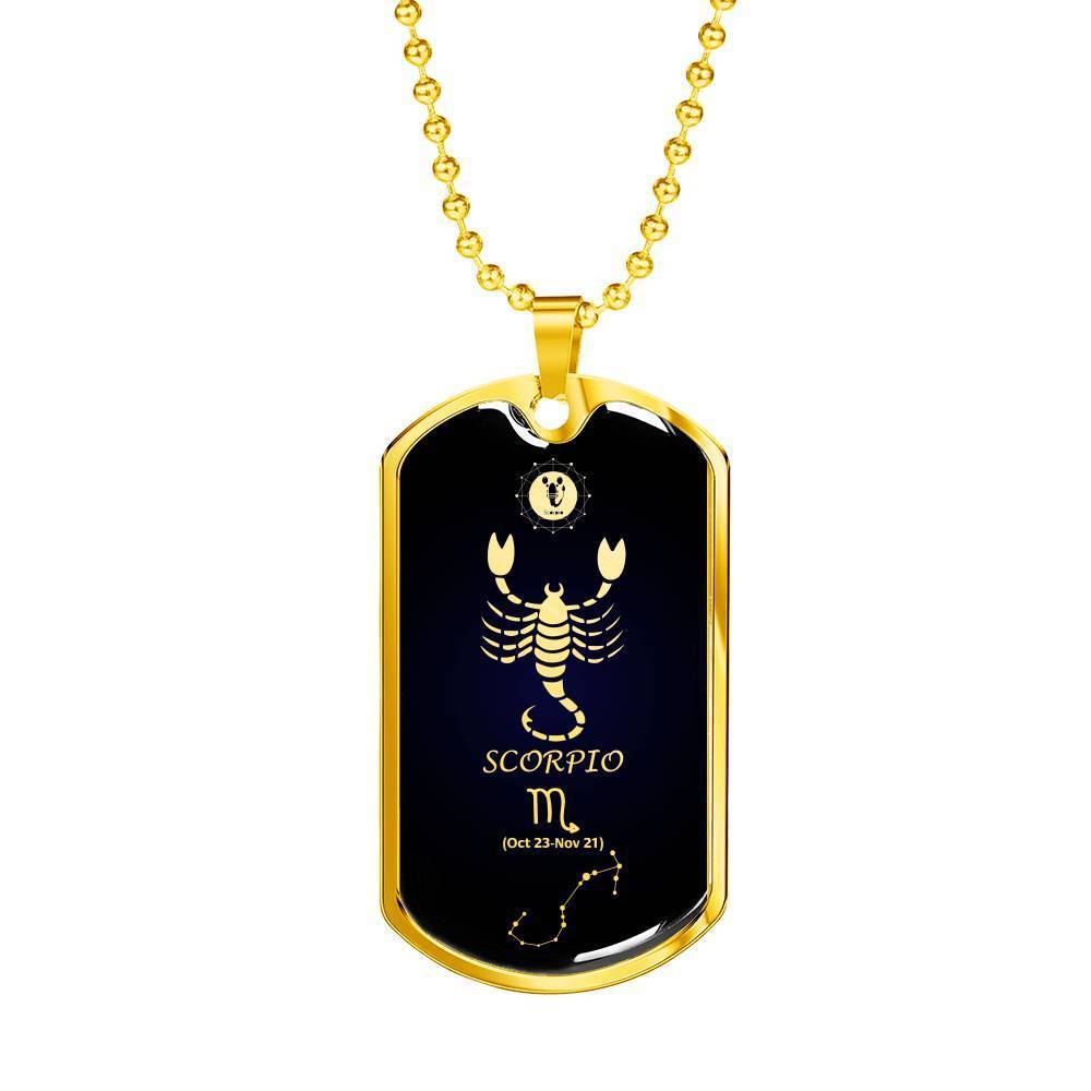 Scorpio Constellation Horoscope Zodiac Necklace 18k Gold Stainless Steel Dog Tag 24"-Express Your Love Gifts