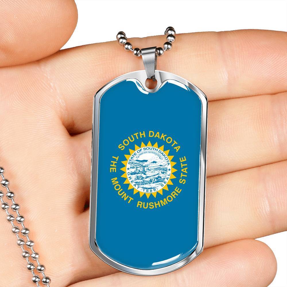 South Dakota Flag Pendant Stainless Steel or 18k Gold Dog Tag Necklace 24" Chain - Express Your Love Gifts