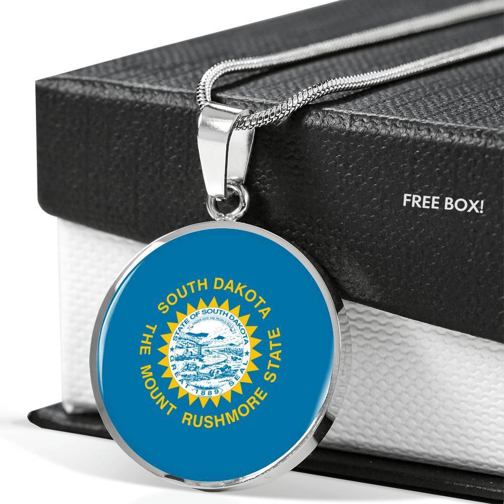 South Dakota State Flag Necklace Stainless Steel or 18k Gold Circle Pendant 18-22" - Express Your Love Gifts