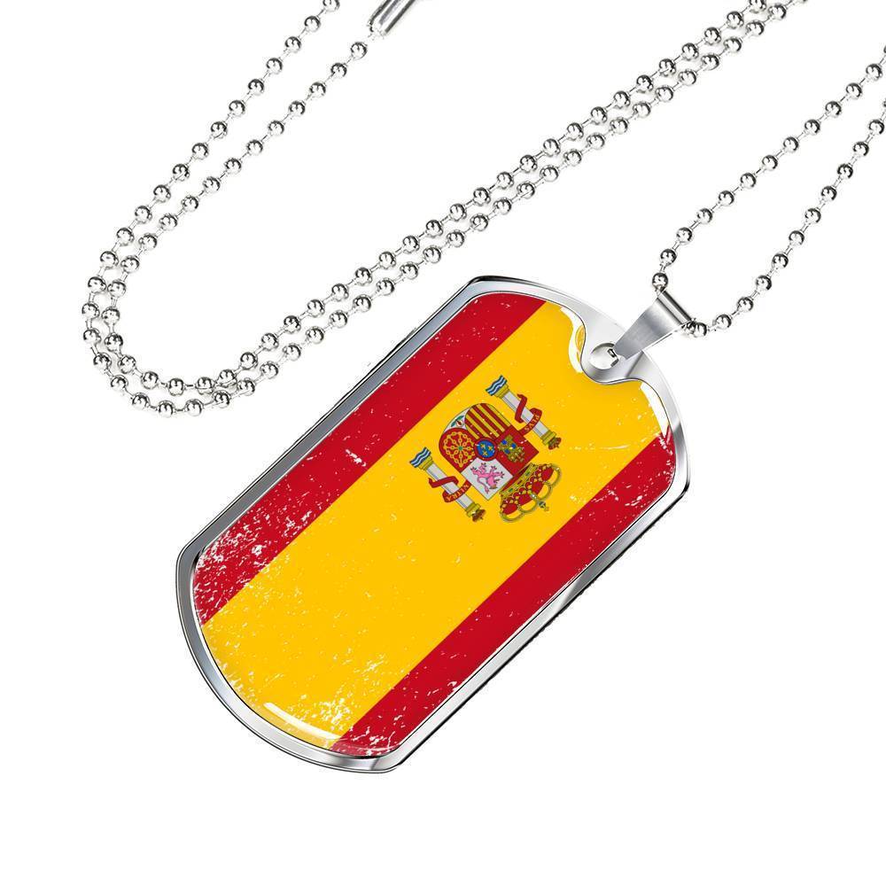 Spain Distressed Flag Necklace Spain Flag Stainless Steel or 18k Gold Dog Tag 24"-Express Your Love Gifts