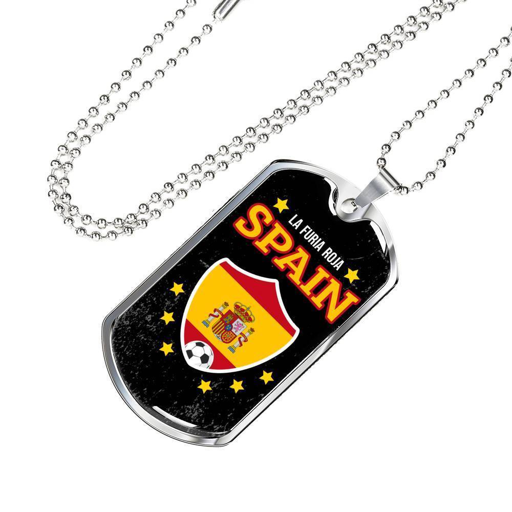 Spain Flag And Futbol/Soccer Necklace Stainless Steel or 18k Gold Dog Tag 24" Chain-Express Your Love Gifts