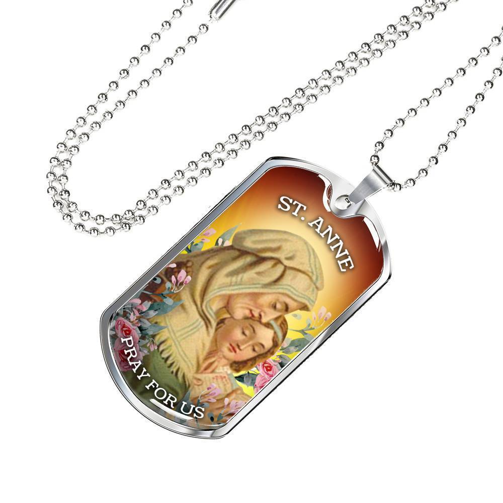 St. Anne Catholic Necklace Stainless Steel or 18k Gold Dog Tag 24" Chain-Express Your Love Gifts