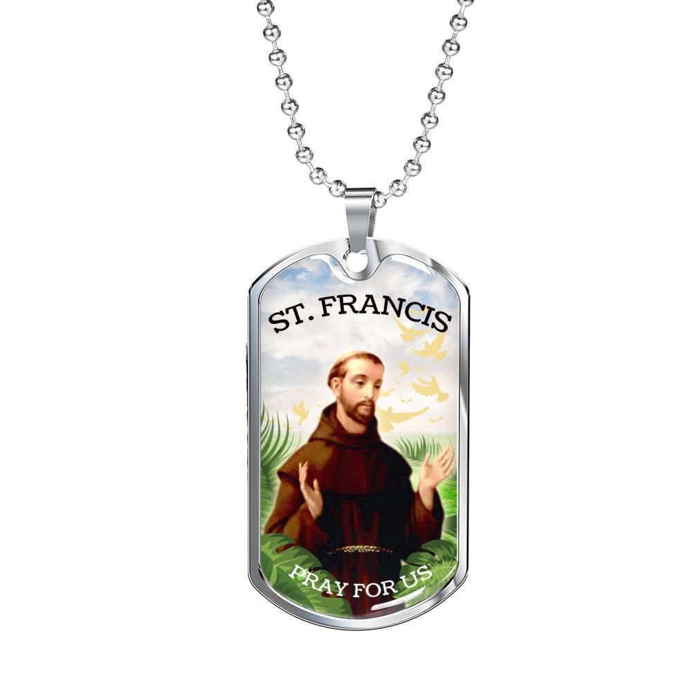St. Francis Catholic Necklace Stainless Steel or 18k Gold Dog Tag 24" Chain-Express Your Love Gifts