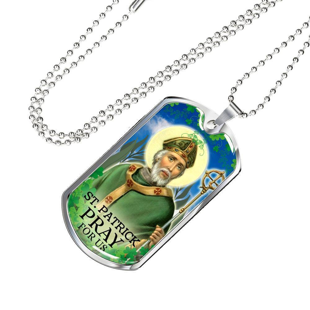 St. Patrick Catholic Necklace Stainless Steel or 18k Gold Dog Tag 24" Chain-Express Your Love Gifts