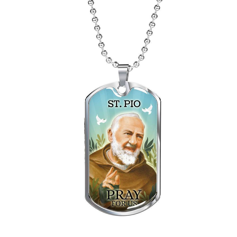 St. Pio Catholic Necklace Stainless Steel or 18k Gold Dog Tag 24" Chain-Express Your Love Gifts