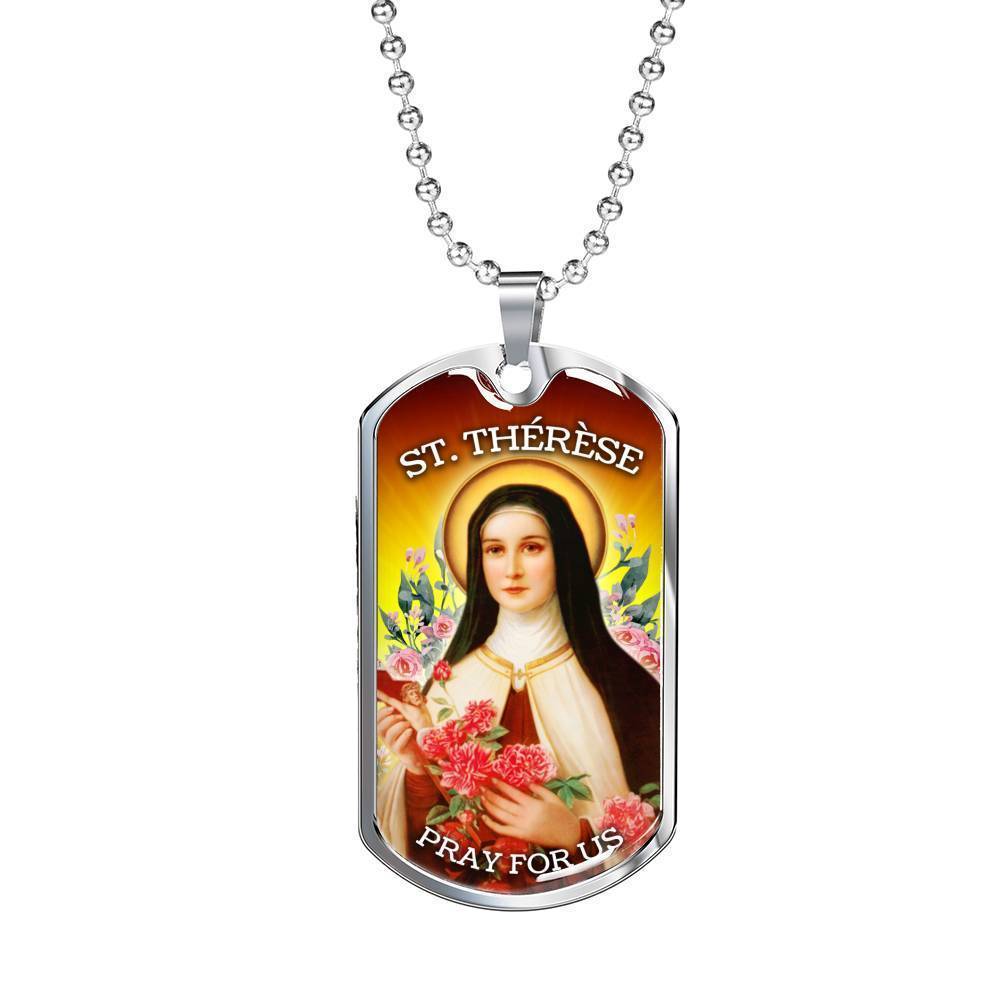St. Therese Catholic Necklace Stainless Steel or 18k Gold Dog Tag 24" Chain-Express Your Love Gifts