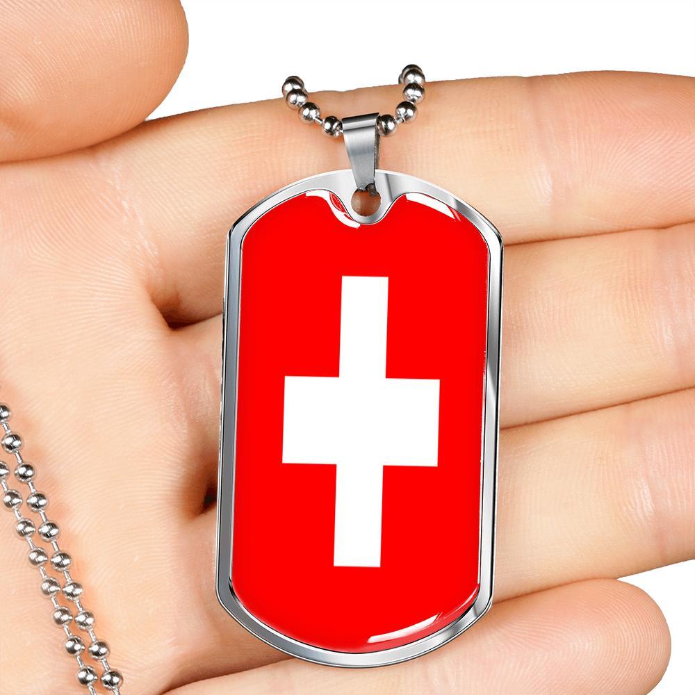 Switzerland Flag Necklace Switzerland Flag Stainless Steel or 18k Gold Dog Tag 24" - Express Your Love Gifts