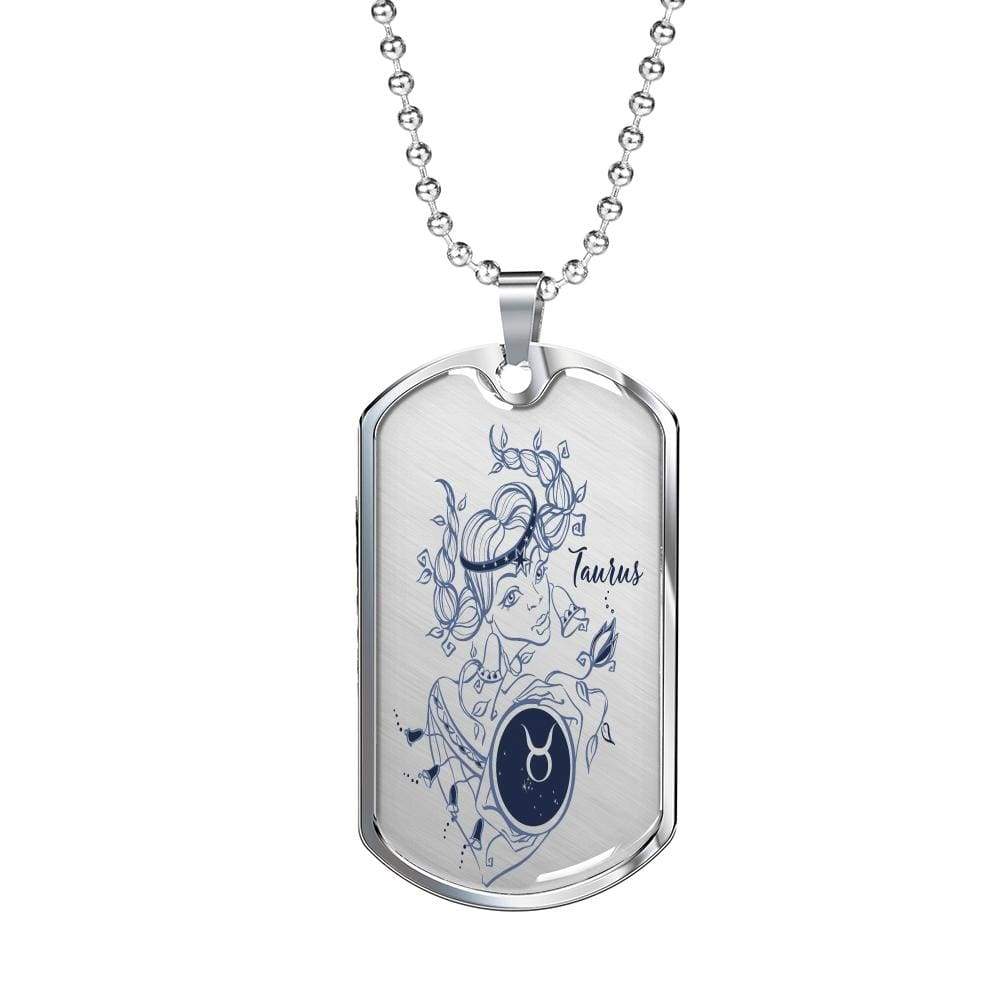 Taurus Constellation Horoscope Zodiac Dog Tag Stainless Steel or 18k Gold 24" Chain - Express Your Love Gifts