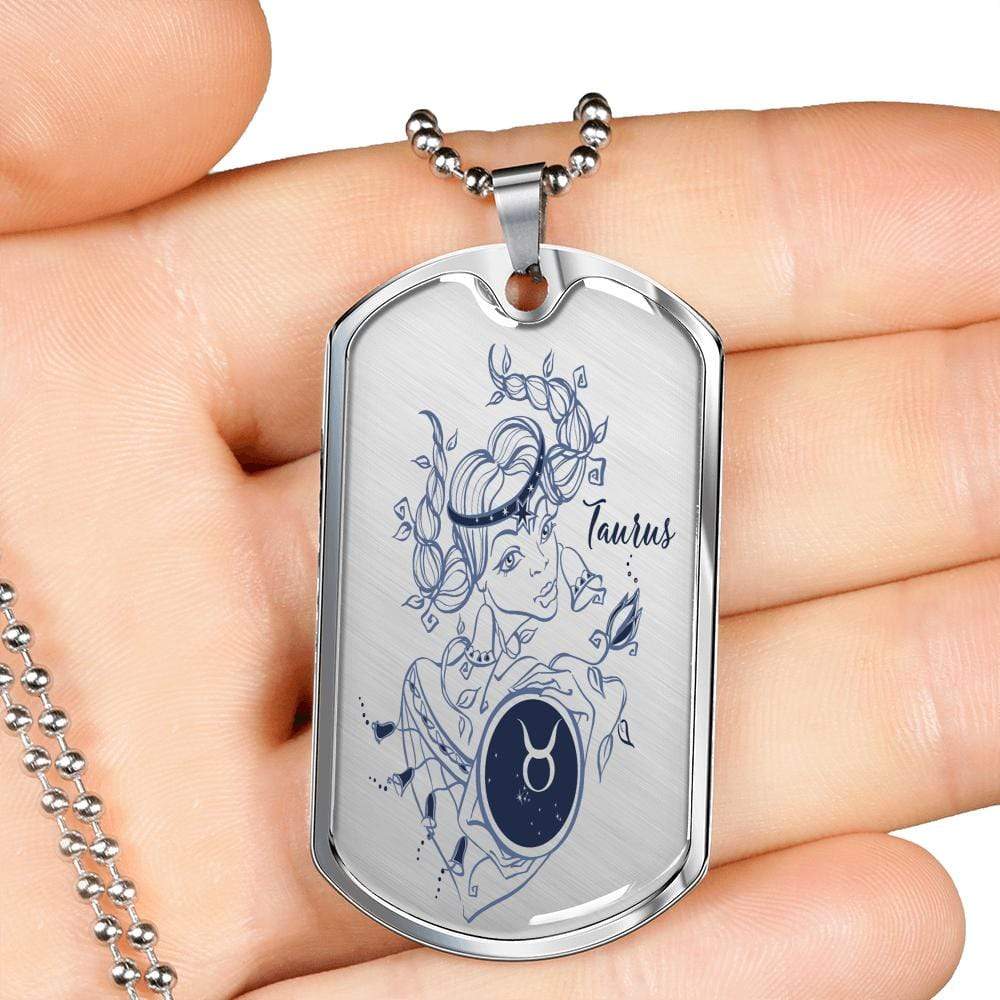 Taurus Constellation Horoscope Zodiac Dog Tag Stainless Steel or 18k Gold 24" Chain - Express Your Love Gifts