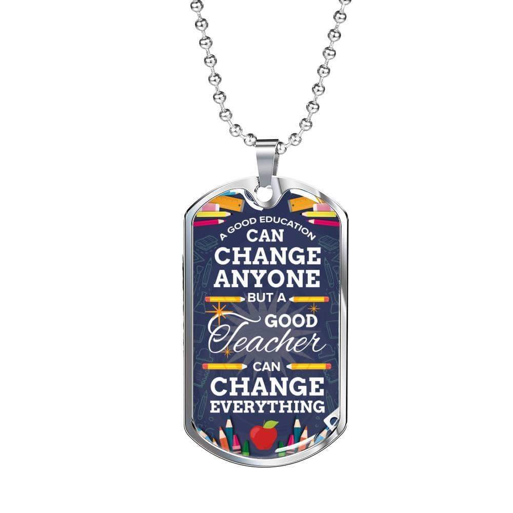 Teacher Appreciation Necklace Stainless Steel or 18k Gold Dog Tag 24" Chain-Express Your Love Gifts