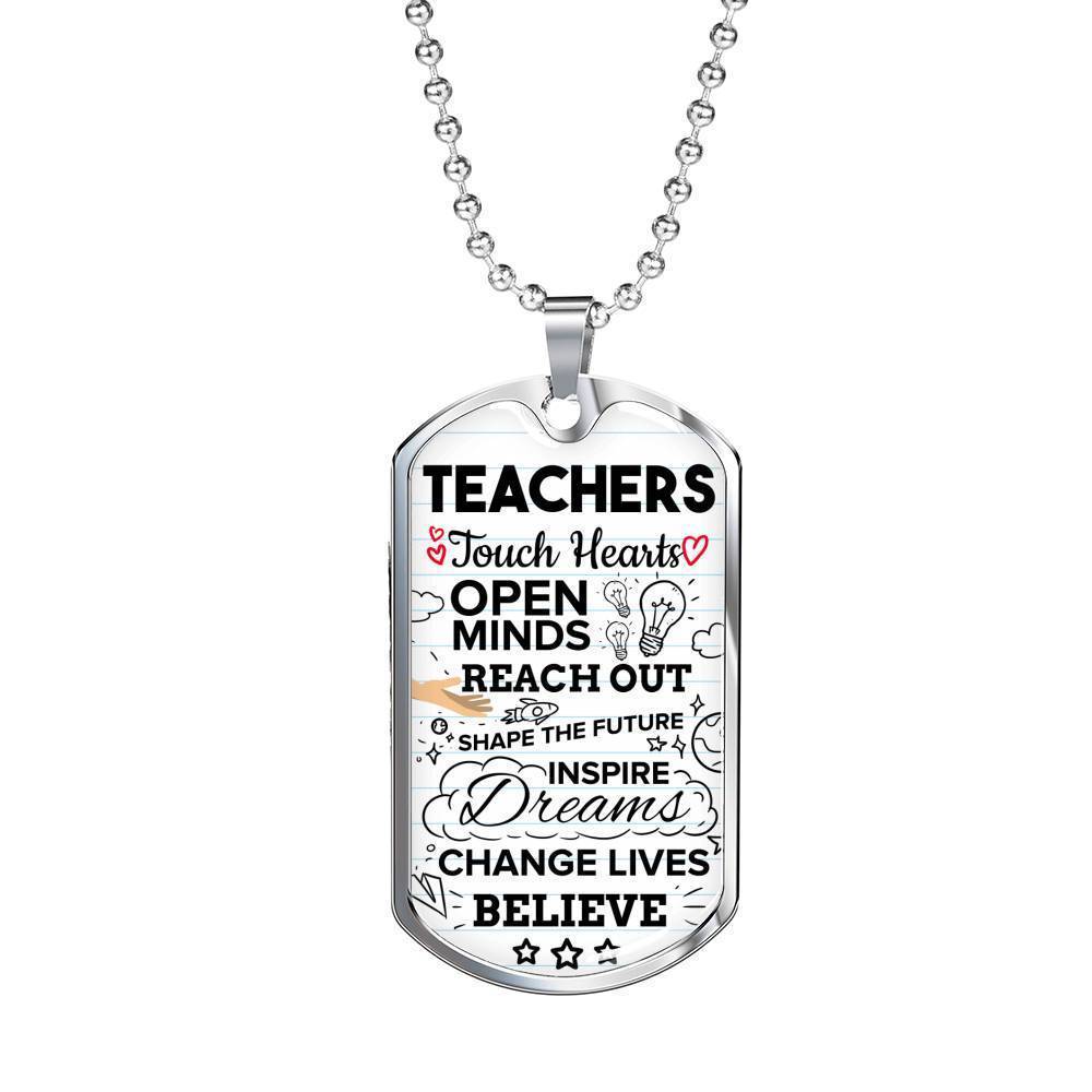 Teachers Touch Hearts Teacher Appreciation Gift Necklace Stainless Steel or 18k Gold Dog Tag 24" Chain-Express Your Love Gifts