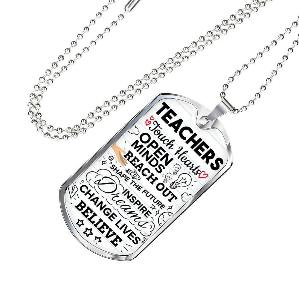 Teachers Touch Hearts Teacher Appreciation Gift Necklace Stainless Steel or 18k Gold Dog Tag 24" Chain-Express Your Love Gifts