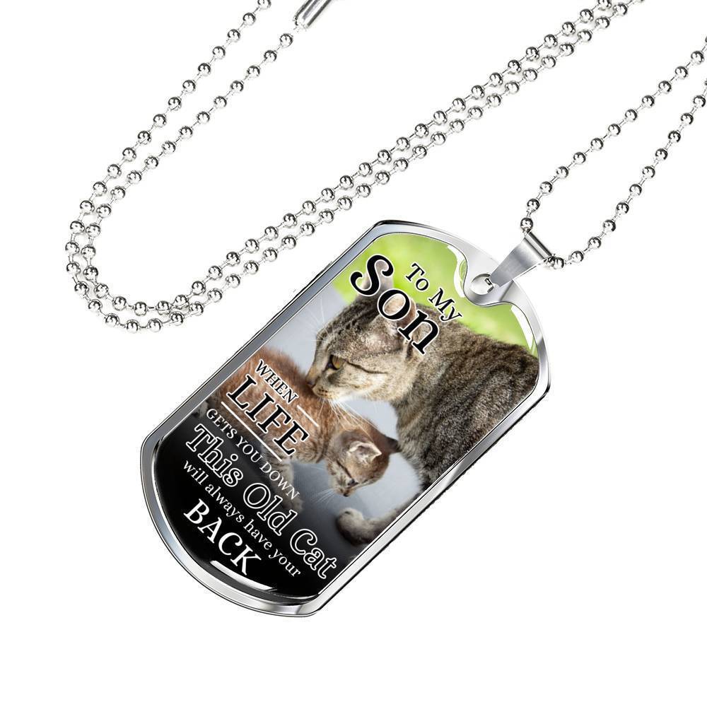 To My Son From Mom Cat Necklace Stainless Steel or 18k Gold Dog Tag 24" Chain-Express Your Love Gifts