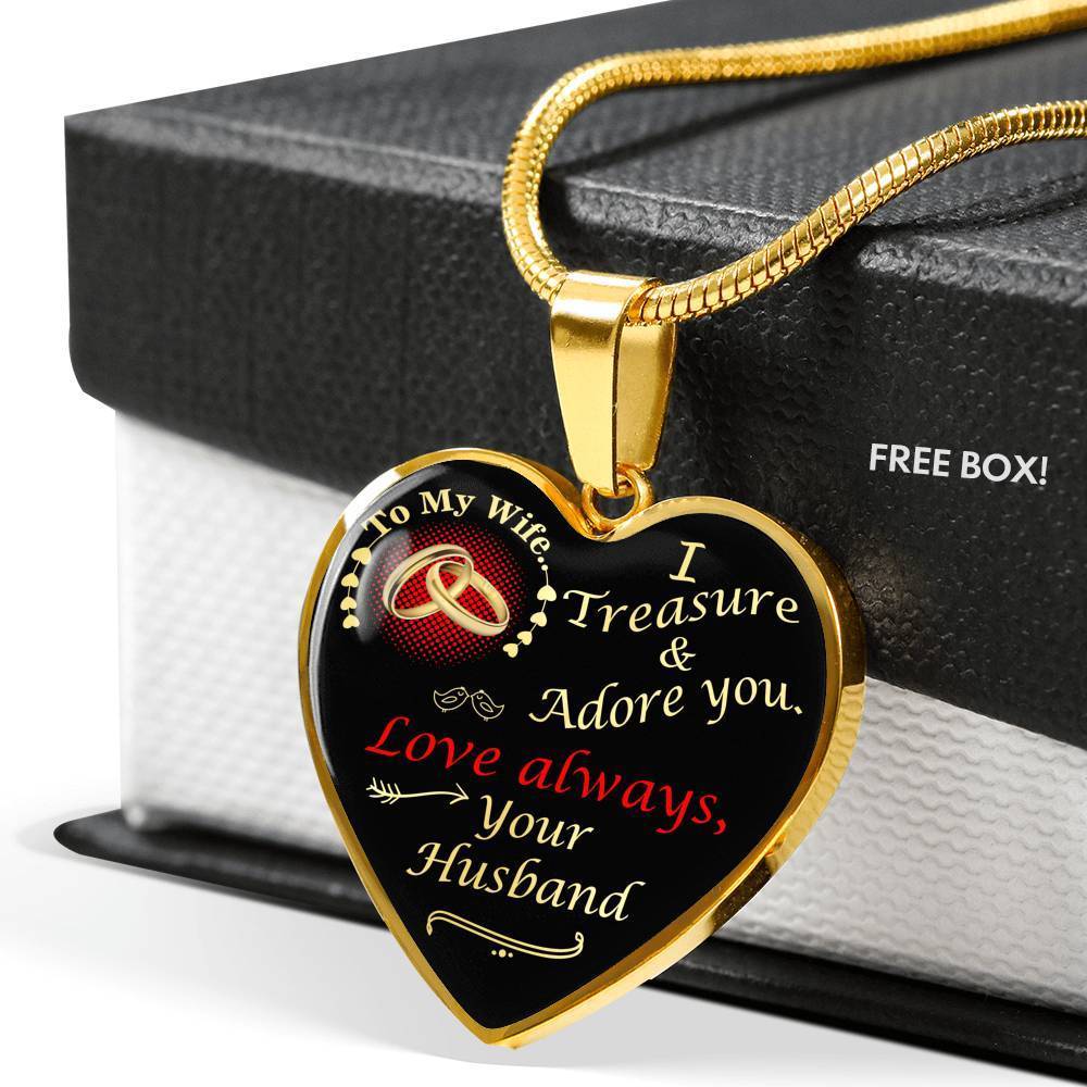 To My Wife Treasure & Adore You Necklace Stainless Steel 18k Gold Heart Pendant 18-22"''-Express Your Love Gifts