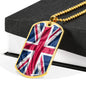UK Flag Distressed Flag Necklace Stainless Steel or 18k Gold Dog Tag 24"-Express Your Love Gifts