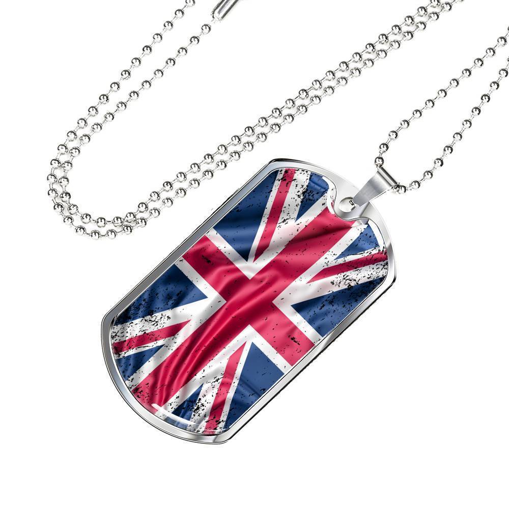 UK Flag Distressed Flag Necklace Stainless Steel or 18k Gold Dog Tag 24"-Express Your Love Gifts