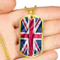 UK Flag Distressed Flag Necklace Stainless Steel or 18k Gold Dog Tag 24"-Express Your Love Gifts