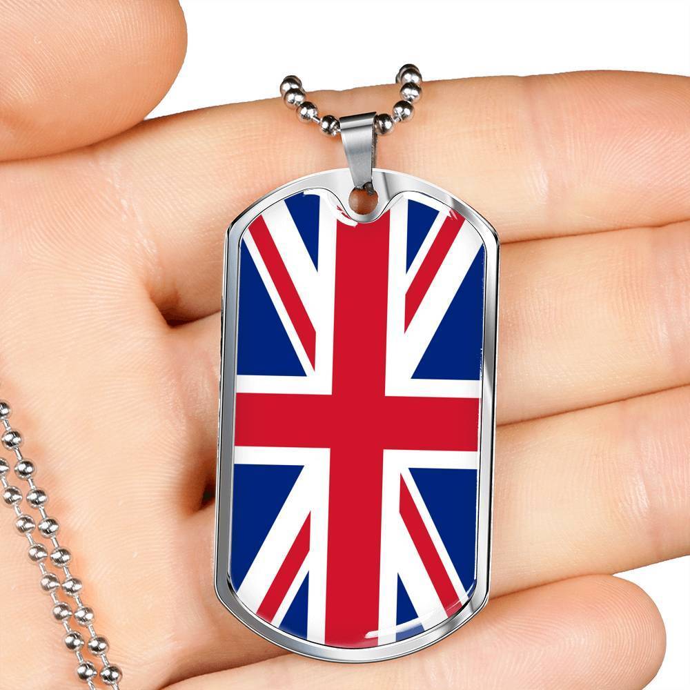 United Kingdom Flag Necklace Stainless Steel or 18k Gold Dog Tag 24" - Express Your Love Gifts