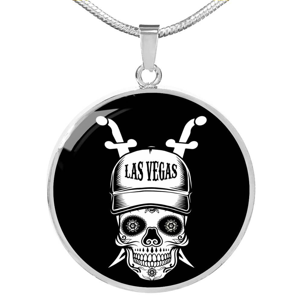 Vegas SugarSkull Circle Pendant Football Fan Necklace Stainless Steel or 18k Gold 18-22" - Express Your Love Gifts