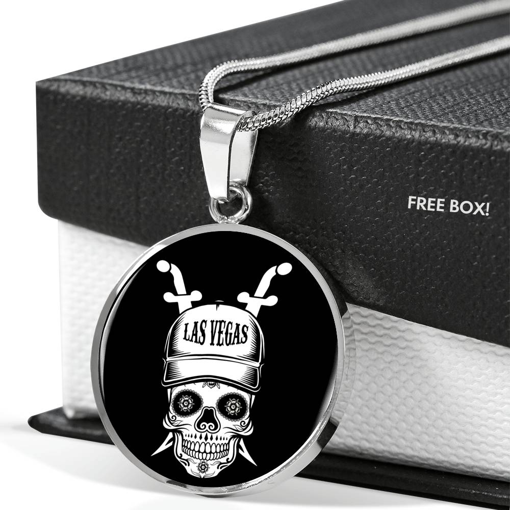 Vegas SugarSkull Circle Pendant Football Fan Necklace Stainless Steel or 18k Gold 18-22" - Express Your Love Gifts