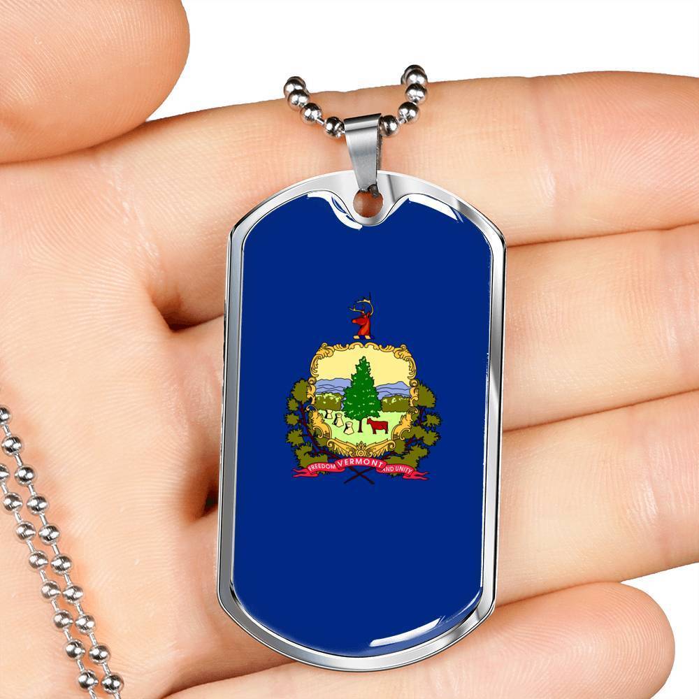 Vermont Flag Pendant Stainless Steel or 18k Gold Dog Tag Necklace 24" Chain - Express Your Love Gifts