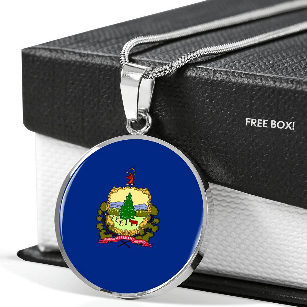 Vermont State Flag Necklace Stainless Steel or 18k Gold Circle Pendant 18-22" - Express Your Love Gifts
