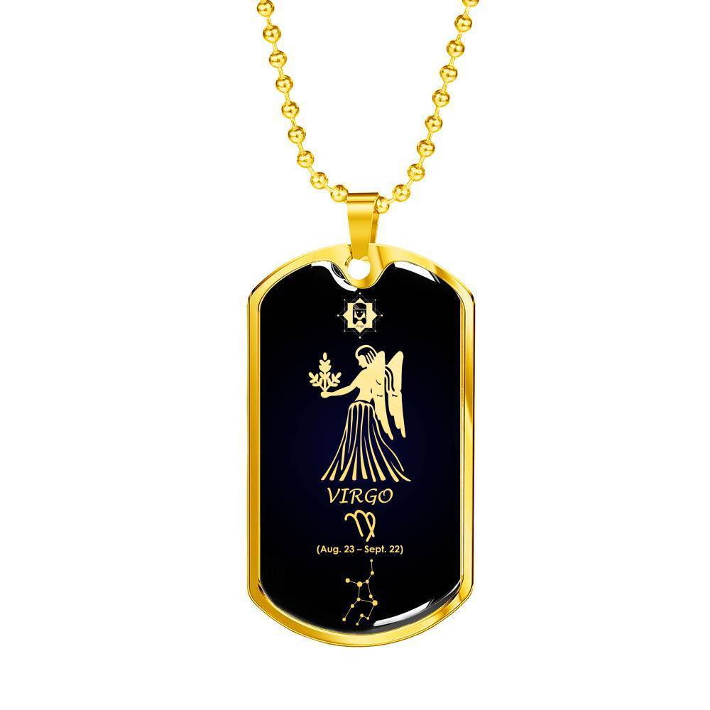 Virgo Constellation Horoscope Zodiac Necklace 18k Gold Stainless Steel Dog Tag 24"-Express Your Love Gifts