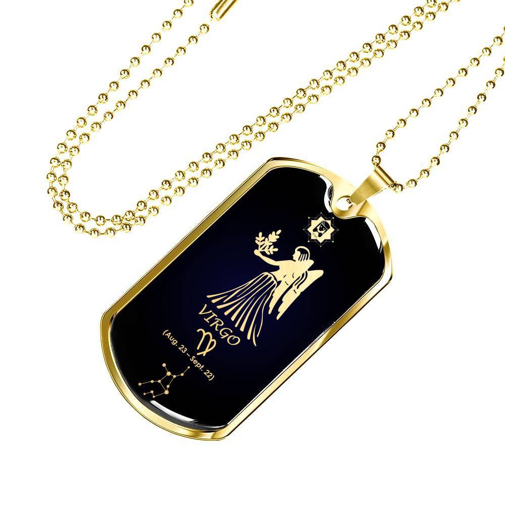 Virgo Constellation Horoscope Zodiac Necklace 18k Gold Stainless Steel Dog Tag 24"-Express Your Love Gifts