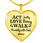 Walk Humbly With God Necklace Stainless Steel or 18k Gold Heart Pendant 18-22"-Express Your Love Gifts