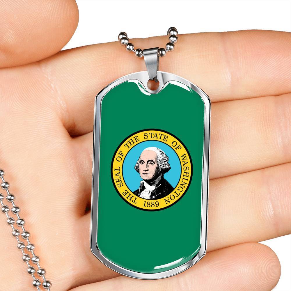 Washington Flag Pendant Stainless Steel or 18k Gold Dog Tag Necklace 24" Chain - Express Your Love Gifts