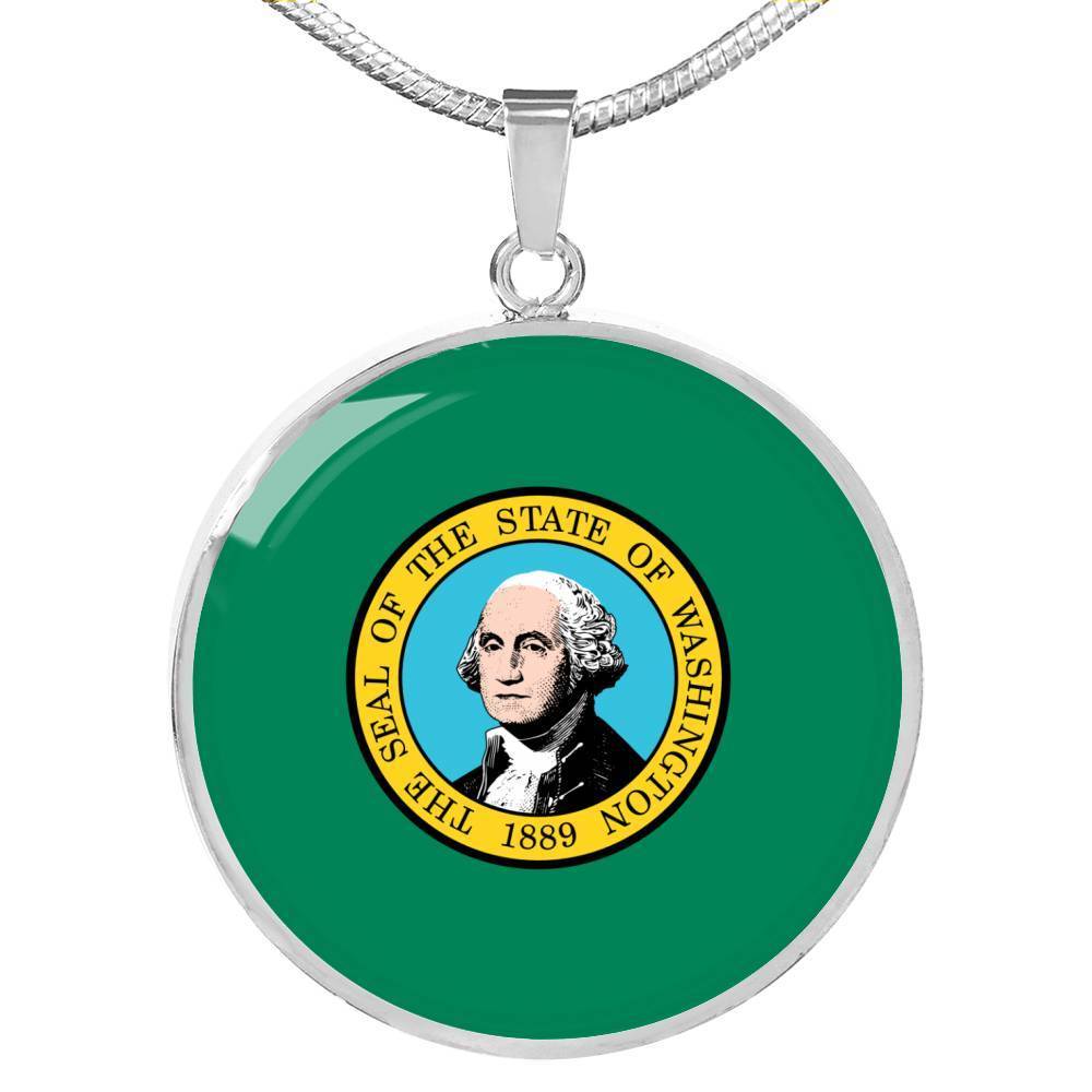 Washington State Flag Necklace Stainless Steel or 18k Gold Circle Pendant 18-22" - Express Your Love Gifts