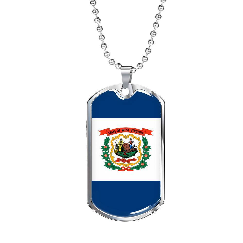 West Virginia Flag Pendant Stainless Steel or 18k Gold Dog Tag Necklace 24" Chain - Express Your Love Gifts