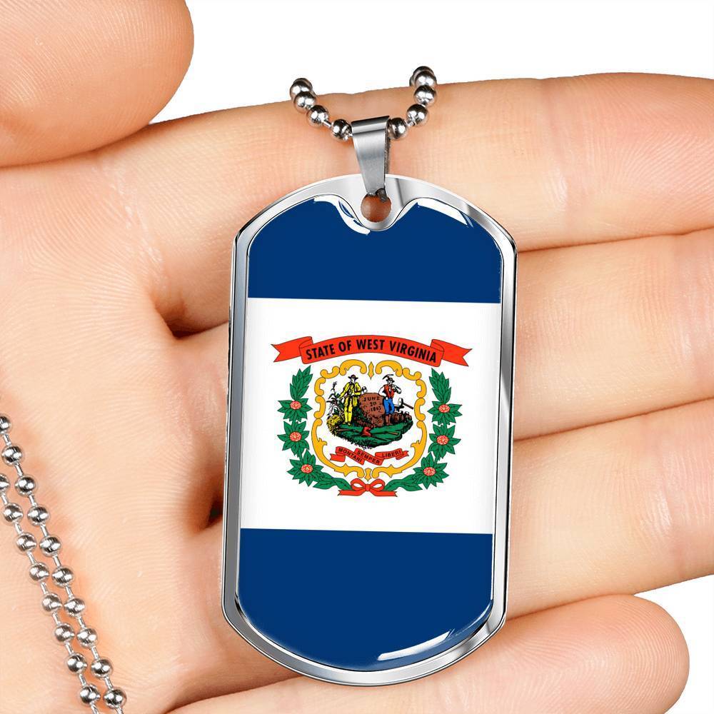 West Virginia Flag Pendant Stainless Steel or 18k Gold Dog Tag Necklace 24" Chain - Express Your Love Gifts