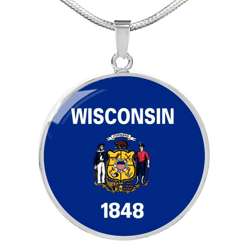 Wisconsin State Flag Necklace Stainless Steel or 18k Gold Circle Pendant 18-22" - Express Your Love Gifts