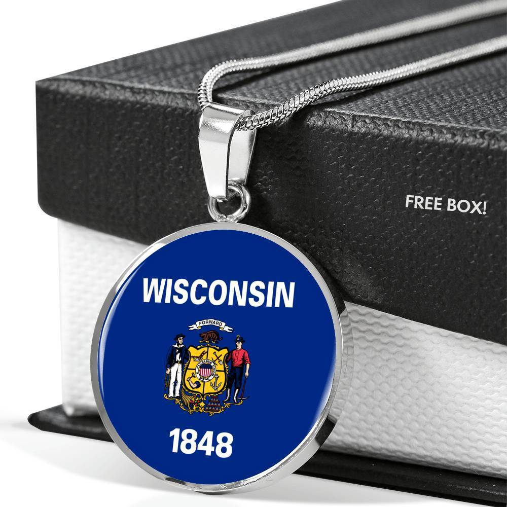 Wisconsin State Flag Necklace Stainless Steel or 18k Gold Circle Pendant 18-22" - Express Your Love Gifts