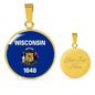 Wisconsin State Flag Necklace Stainless Steel or 18k Gold Circle Pendant 18-22" - Express Your Love Gifts