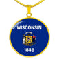 Wisconsin State Flag Necklace Stainless Steel or 18k Gold Circle Pendant 18-22" - Express Your Love Gifts