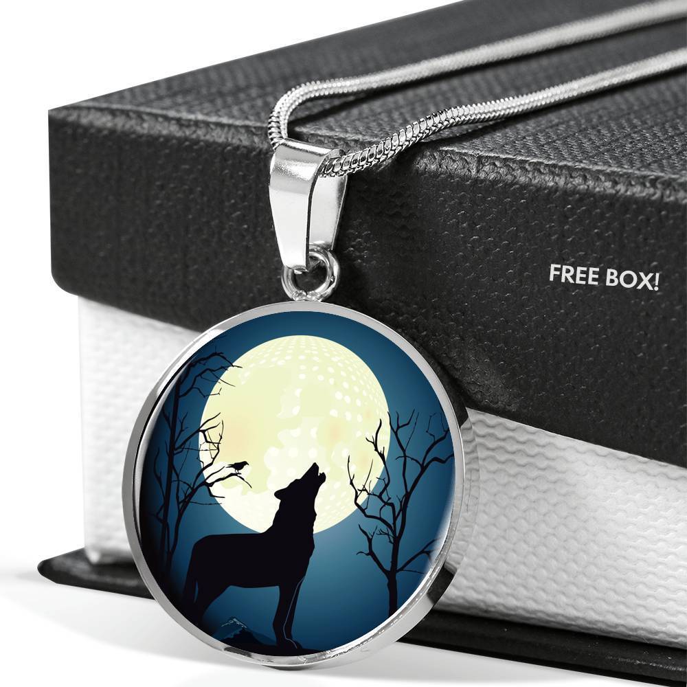 Wolf Circle Necklace Howling At The Moon Night Stainless Steel or 18k Gold 18-22" - Express Your Love Gifts