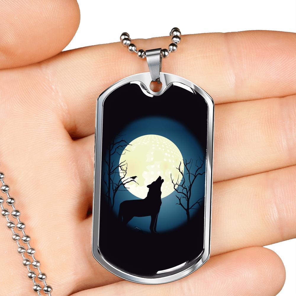 Wolf Pendant Howling At The Moon Stainless Steel or 18k Gold Dog Tag 24" Chain - Express Your Love Gifts