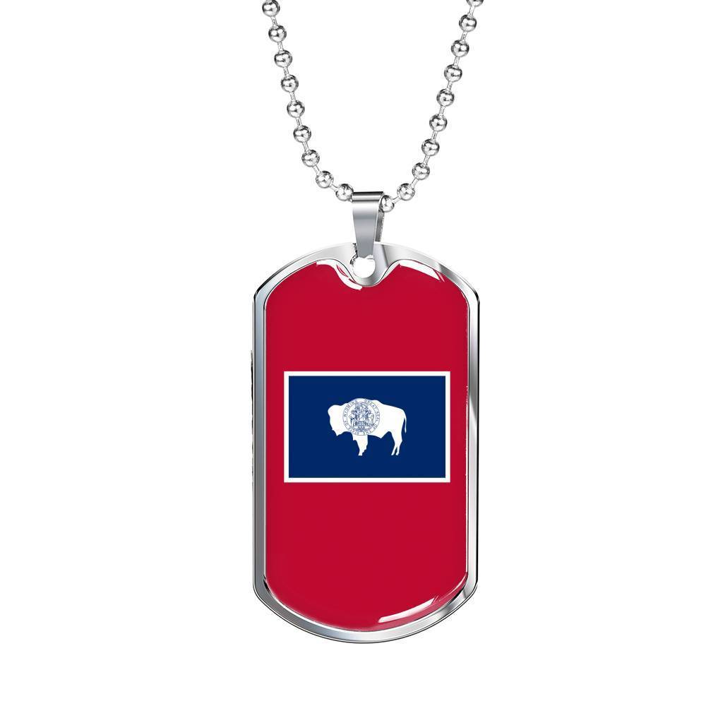 Wyoming Flag Pendant Stainless Steel or 18k Gold Dog Tag Necklace 24" Chain - Express Your Love Gifts